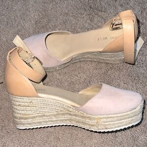 Light pink, closed toe, strapped platforms